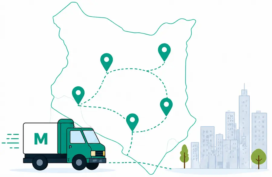 A Moveka delivery truck crosses a connected delivery network around Kenya.